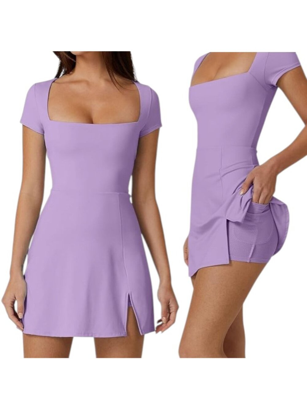 Qinsen‎ Square Neck Tennis Dress w/Shorts Athletic Pickle Ball Purple Size L NEW